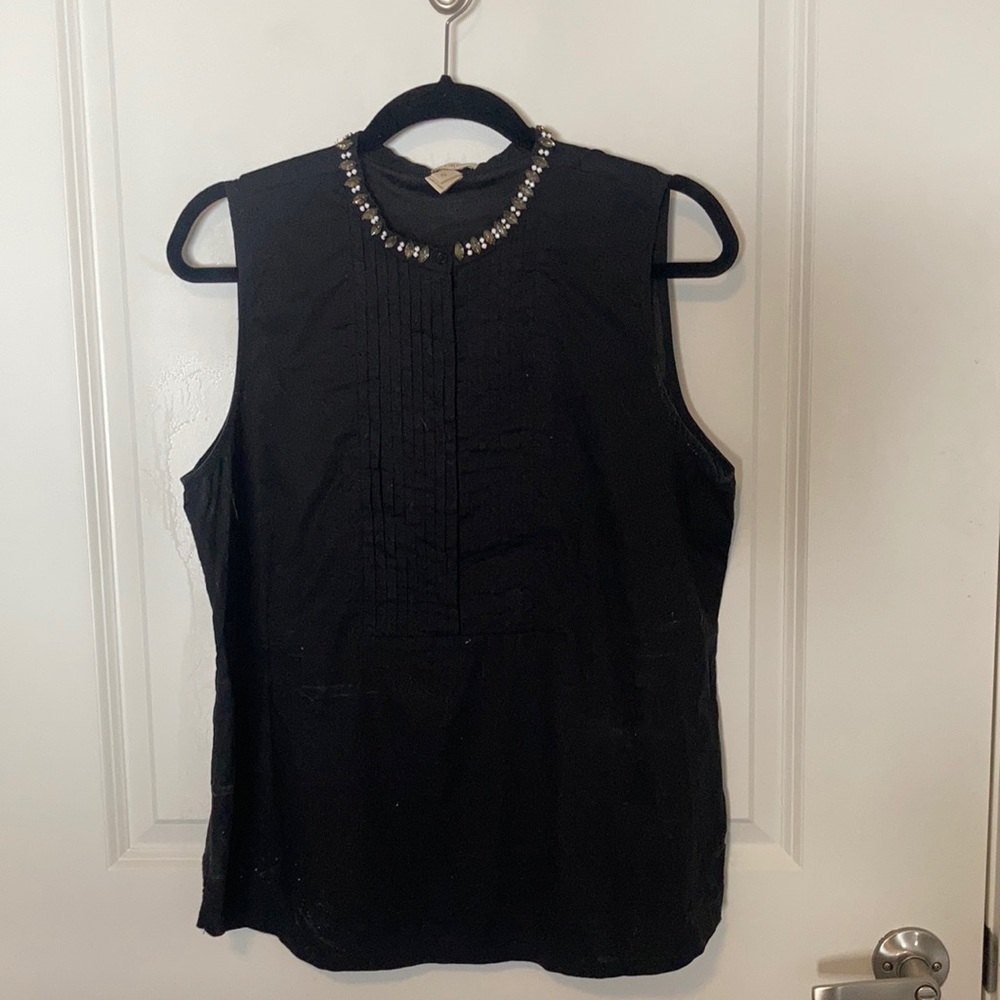 Black J.Crew sleeveless cotton blouse with bejeweled neckline